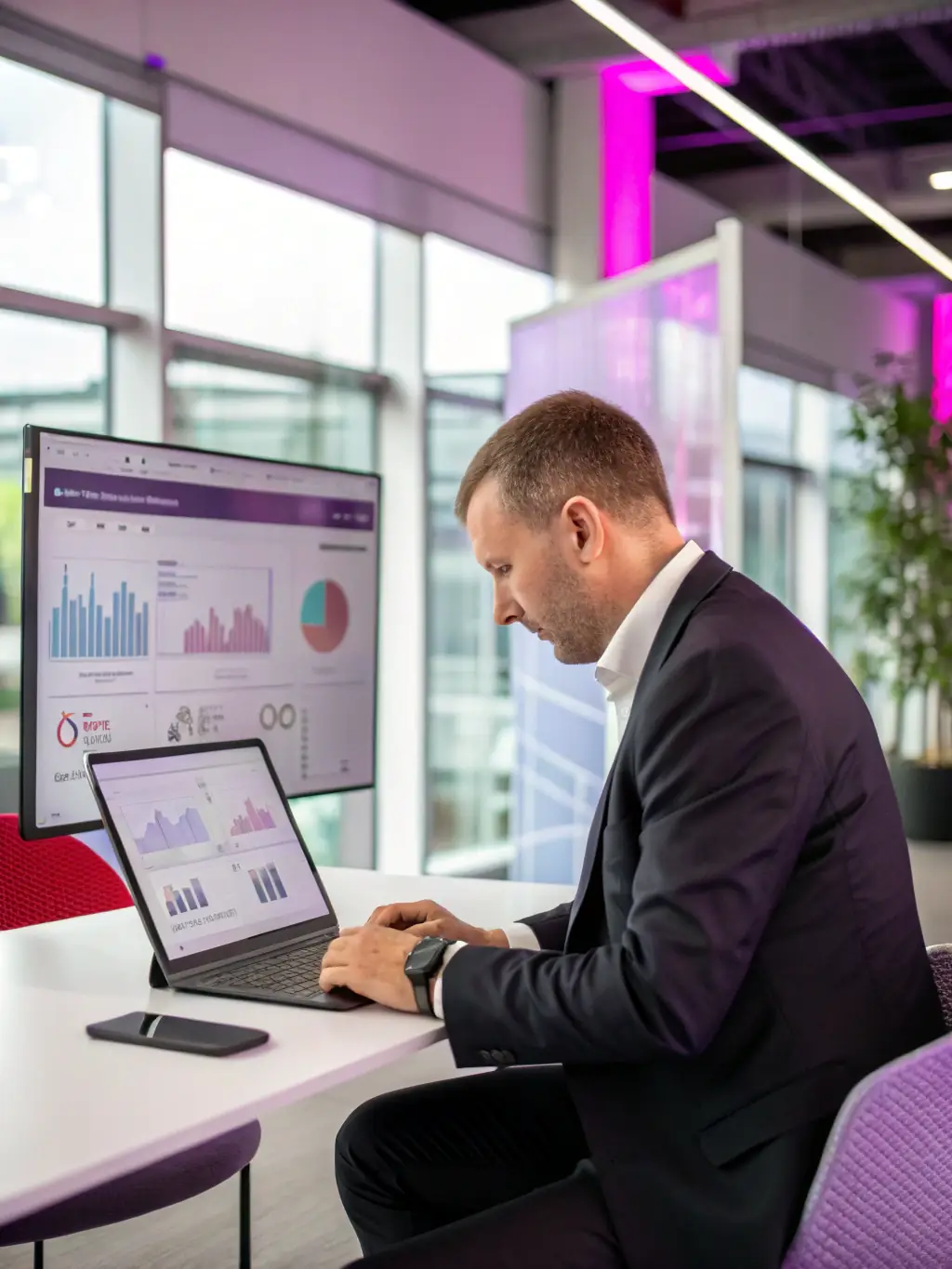 A professional portfolio manager analyzing a dashboard with CAKE token performance metrics and investment strategies.