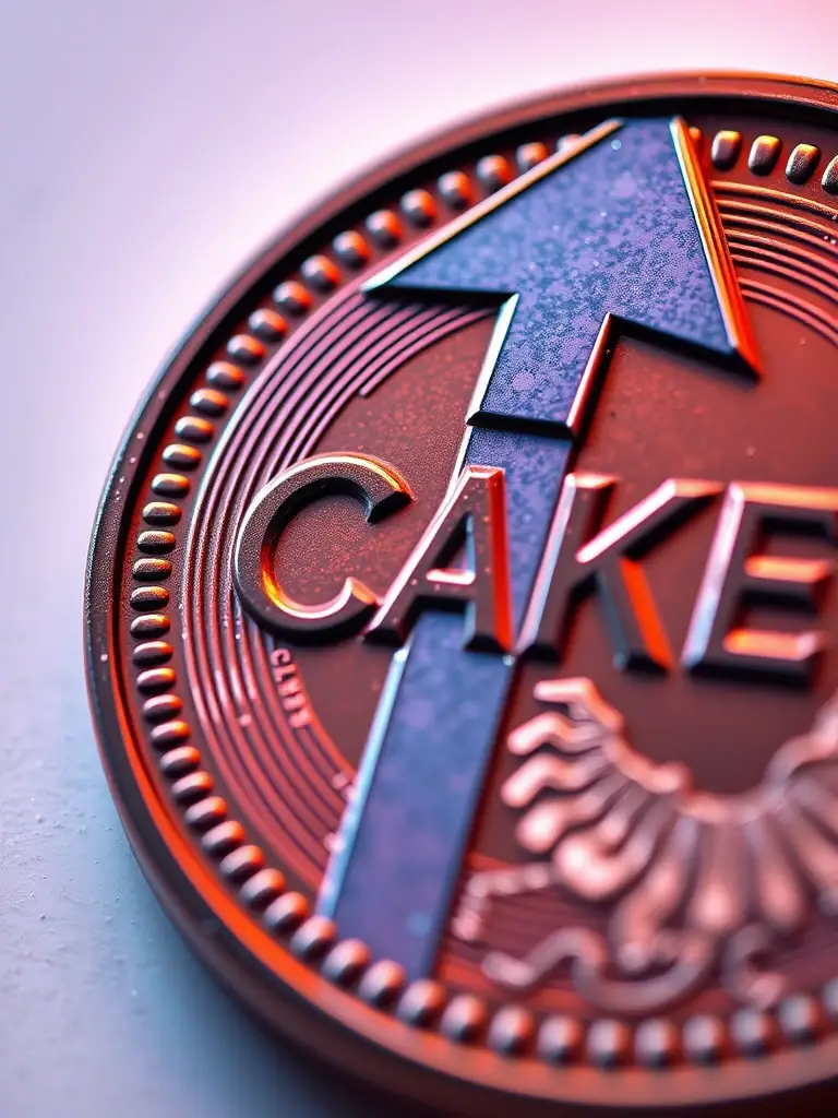 A close-up shot of a CAKE token with a rising arrow in the background, symbolizing growth potential.