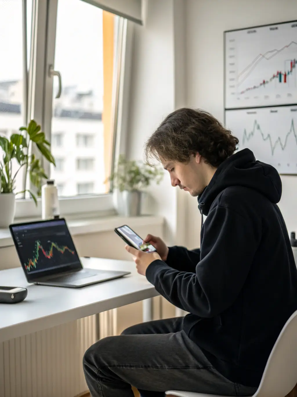 A professional financial advisor analyzing cryptocurrency market trends on a computer screen, with charts and data visualizations in the background, representing CAKE Investment's market analysis service.